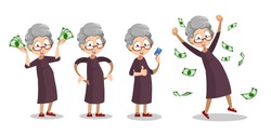 Happy grandmother with dollar banknotes set. Funny old woman celebrating financial success or jackpot. Successful rich pensioner holding credit card cartoon personage. Cash falling vector illustration