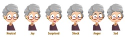 Cute grandma in glasses with various facial emotions. Avatars with neutral, joy, surprise, shock, anger and sad emotions. Female pensioner personage icons. Granny in cartoon style vector illustration