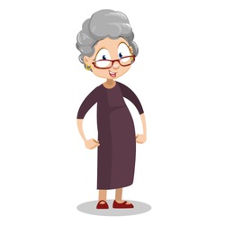 Smiling grandmother holding hands on hips. Funny granny in glasses wearing brown dress. Friendly grandmother personage isolated on white background. Happy pension lifestyle vector illustration.