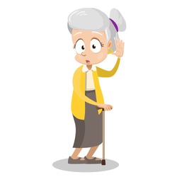 Confused elderly lady holding walking cane. Granny with rheumatism cartoon animated personage. Female patient rehabilitation after illness. Old age infirmity and disability vector illustration.