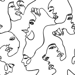 Continuous line face women seamless pattern - Vector Endless Background Fashion Female Portrait one line Style
