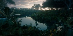 Beautiful sunset in jungle paradise. Dense rainforest vegetation and calm river. 3d rendering.