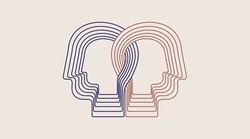 Two intertwined human heads. Collaboration people. Concept of interpersonal relationships, empathy, understanding. Line design, editable strokes. Vector illustration.