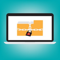 Computer laptop display icon folder with key chain of ransomware icon encrypted file concept. Vector flat illustration.