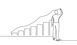 continuous line drawing of standing businessman drawing rising diagram. Design Illustration of the concept of business success through growth graph. Investor. Profit Stock Market. Business concept.