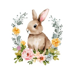 Easter rabbit with spring flowers and leaves wreath watercolor. Cute vintage bunny isolated on white background. Vector illustration