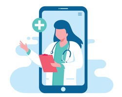 Online doctor women healthcare concept icon set. Doctor videocalling on a smartphone. Online medical services, medical consultation. Vector illustration for websites landing page templates