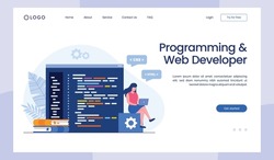 Web development. programming languages. css, html, it, ui. programmer cartoon character developing website, coding. flat illustration banner landing page template