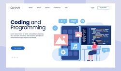 Coding and programming languages. css, html, it, ui. programmer cartoon character developing website design. flat illustration landing page