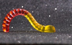 Close-up of a backlit red-yellow gummy worm crawling against a glittering background.