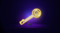 Key neon sign. A glowing sign with a key trinket on a stand. Night bright advertising. Vector illustration in neon style for real estate, mortgages, housing