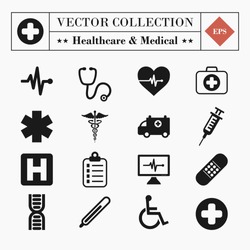 Vector set collection of 16 medical and healthcare related icons isolated on white background