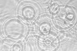 Blurred desaturated transparent clear calm water surface texture with splashes and bubbles. Trendy abstract nature background. White-grey water waves in sunlight. 