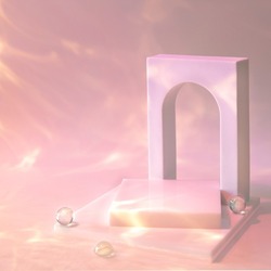 Abstract surreal scene - empty stage with square podium and arch on pink pastel background with glass beads in water. Pedestal for cosmetic, beauty product, packaging mockups presentation