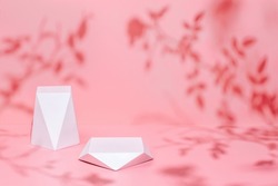 Abstract minimal nature scene - empty stage and two polygonal podiums on pastel pink background and soft rose flowers shadows. Pedestal for cosmetic product and packaging mockups display presentation