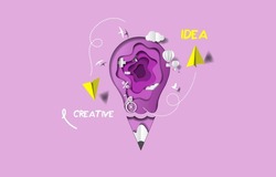 Education and creative idea concept for kids. Background with light bulb, paper airplane, cloud, addition, subtraction, division, multiplication, hot air balloon, birds, pencil. 3D paper illustration