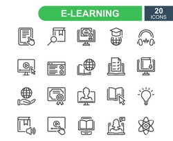 E-learning, online and distance education line icon. Online training, webinar, education, course, elearning, conference, exam. Online education line icons set. Editable stroke. Vector illustration.