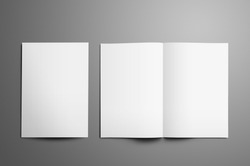 Universal tempalte with two white  A4, (A5) bi-fold brochures with realistic  shadows isolated on gray background. One booklet is closed the second is open on the spread.  Top of view. 