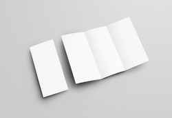 Mockup of open and closed blank trifold with realistic shadows, for presentation of design, front view. Standard leaflet template with roll fold isolated on gray background. Set of paper booklets
