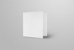 Mockup of a white blank trifold, front view, standard standing roll fold brochure, isolated on background. Square business booklet template with realistic shadows for design presentation.