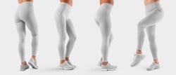 Template of white stretch leggings on a sports girl in sneakers, side view, back view, white tight pants, isolated on background. Mockup of women's clothing on slim legs, for design presentation. Set