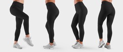 Template of stretch women clothes on the slender legs of the girl, for the presentation of design and pattern. A set of black pants for sports and fitness. Mockup leggings isolated on background