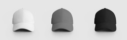 White, gray, black cap mockup isolated on background for design and pattern presentation. Blank headdress template for online store advertising. Fashionable Peaked Hat Set, Standard Panama