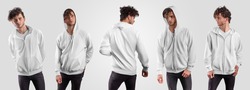 Mockup of a white hoodie with a zipper, with a pocket, and ties on the hood, front, back, for presentation of design, print, pattern. Stylish sweatshirt template Isolated on background. Clothing set