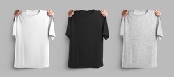 Mockup of white, black, heather t-shirts, holding hands on the shoulders of oversized clothes, place for design, pattern, branding. Set of fashion modern unisex apparel, isolated on background, front