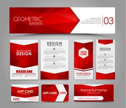 Design of flyers, banners, brochures and cards with red polygonal elements. Corporate Identity, Advertising printing. Vector illustration. Set