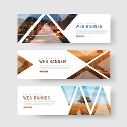 set of horizontal white banners with triangular shapes for a photo. Universal template for a web site with text, buttons and transparent elements. Photo of a mosaic for a sample.