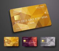 Design of a credit (debit) bank card with a gold, bronze and silver polygonal abstract background. Template for presentation. Vector illustration