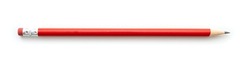 Red pencil with eraser isolated on white. Graphite pencil, red color, side view