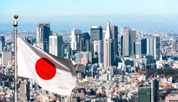Panoramic view of Tokyo and Japanese flag, Japan