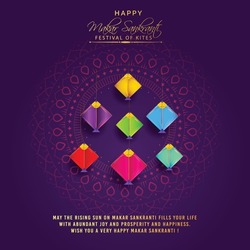 illustration of Happy Makar Sankranti wallpaper with colorful kite string for festival of India indian multicolor mandala with flat art vector flyer poster banner creative

