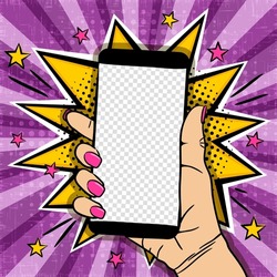 Comic bright banner with mobile phone in female hand. Explosion, Smartphone with transparent screen in pop art style. Template for web design, banners, cards, coupons and posters. Vector illustration
