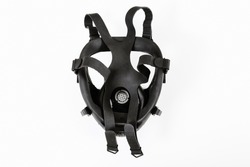 Black rubber gas mask without filter on white background. Back view