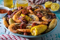 Traditional Southern U.S. Low Country boil. A Summertime feast.