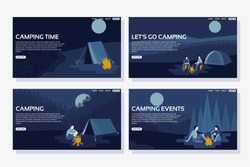 Set of camping landing page. Travel web page development. Tent in the forest, in mountains, near sea or lake at night. People talking near campfire. Flat vector illustration