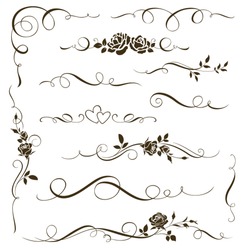 Vector set of floral calligraphic elements, dividers and rose ornaments for page decoration and frame design. Decorative silhouette for wedding cards and invitations. Vintage flowers and leaves