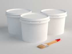 Three plastic bucket and brush on floor. 3D Render
