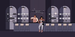 Night life, Girl talking on a cell phone at the bar. Vector illustration for landing page mockup or flat design advertising banner.