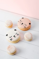 Adorable Cat Macaron Cookies, Delicious French Dessert on Bright Background