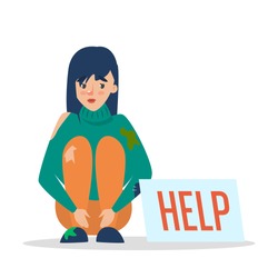 Help for homeless web banner design. Poor woman in dirty clothes sitting on the street and begging for money. Female beggar.