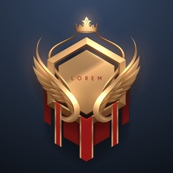 Golden badge template with crown and wings