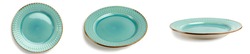 selective focus, A set of green turquoise round plates or dishes with a beautiful Golden outline, isolated on a white background with a clipping