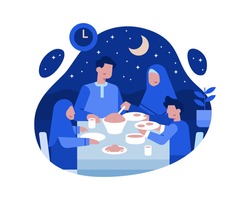 Moslem Families Dinner Together at the Dining Table Vector
