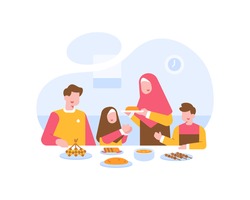 Moslem Family Eat Together At The Dining Table Illustration Vector