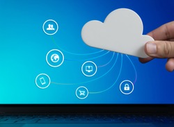 Cloud computer technology concept with focus on security, digital data storage, remote user access, online shopping and mobile device file sharing - Global business cyberspace network infrastructure
