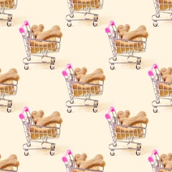 Biscuit bones for dogs in the shopping cart repeat seamless pattern on light background. Dog and puppy food, healthy treats sales